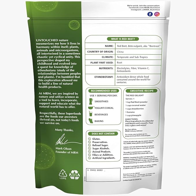 MRM Nutrition Organic Red Beet Powder | Superfoods | Energy | Cardiovascular Health | Nutrient Dense | Gluten-Free + Vegan | 24 Servings