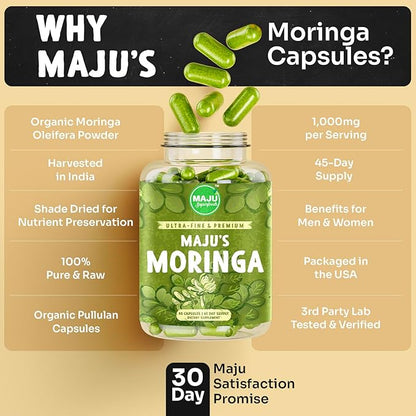 Maju Superfoods Organic Moringa Capsules, Oleifera Leaf, Extra-Fine Quality Moringa Leaves, Dried Drumstick Tree Leaves, Organic Moringa Powder Extract Supplement Capsules from Plant (90 ct)
