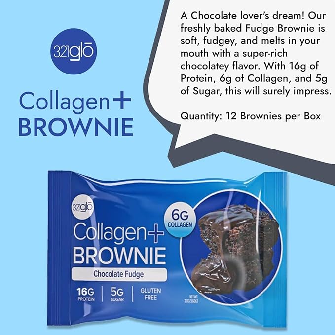321glo Collagen Protein Brownie | Gluten Free, Low Sugar | Keto Snack for Women, Men, & Kids | 16g Protein, 6g Collagen | 12 Pack (Chocolate Fudge)