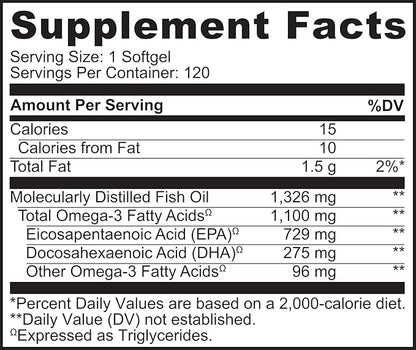 NATURELO Burpless Omega 3 Fish Oil Supplement 1100mg Triglyceride Omega-3, EPA 3 for 120 Softgels, 4 Months