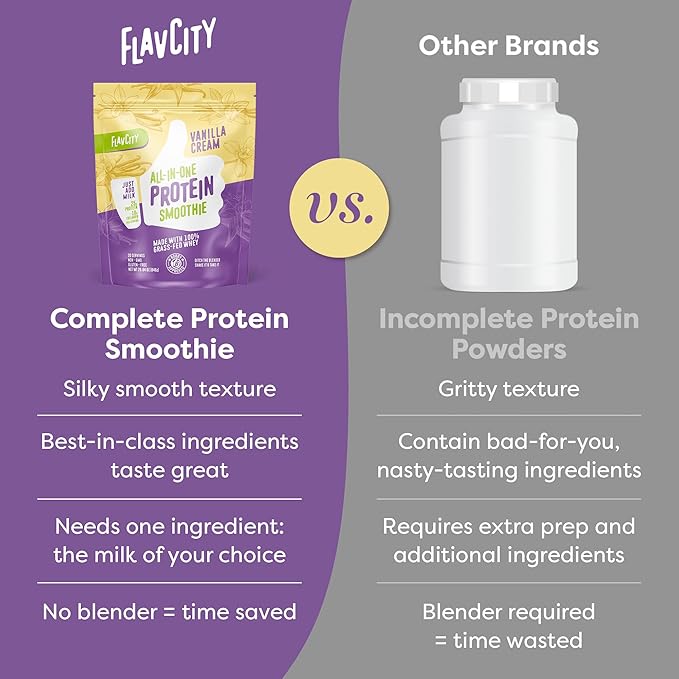 FlavCity Protein Powder Smoothie, Vanilla 100% Grass-Fed (25g of (29.84 oz)