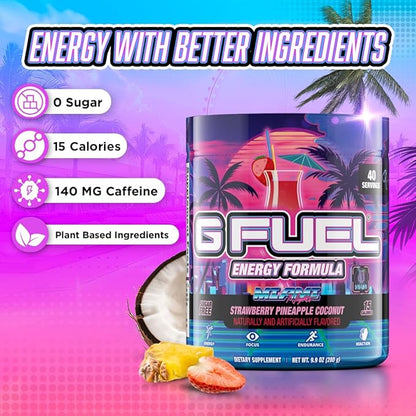G Fuel Miami Nights Energy Drink Powder, Pre Workout Caffeine Mix for Gaming, Sugar Free Focus Amino, Vitamin + Antioxidants, 9.9oz (Strawberry Pina Colada, 40 Servings)
