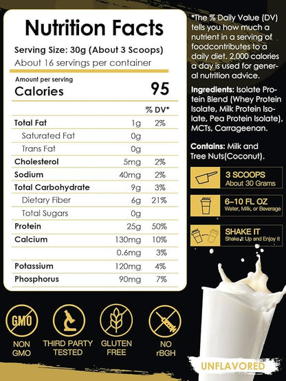 NATURE TARGET Whey Isolate Protein Powder, Unflavored, 25g Protein, Low Carb Protein Powder, Sugar-Free, for Men & Women, 5.5g BCAAs, Rich in Fibers & Minerals, 1.1 Pound (500g)