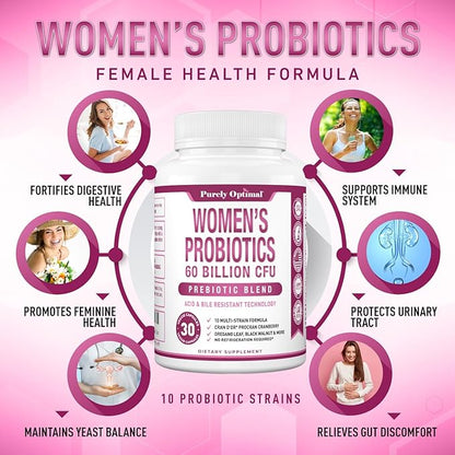 Purely Optimal Women's Probiotic Supplement - 60 Billion CFU with Prebiotics, 10 Strains Including Lactobacillus & Bifidobacterium, Digestive & Vaginal Health Support, UTI Defense - 30 Capsules
