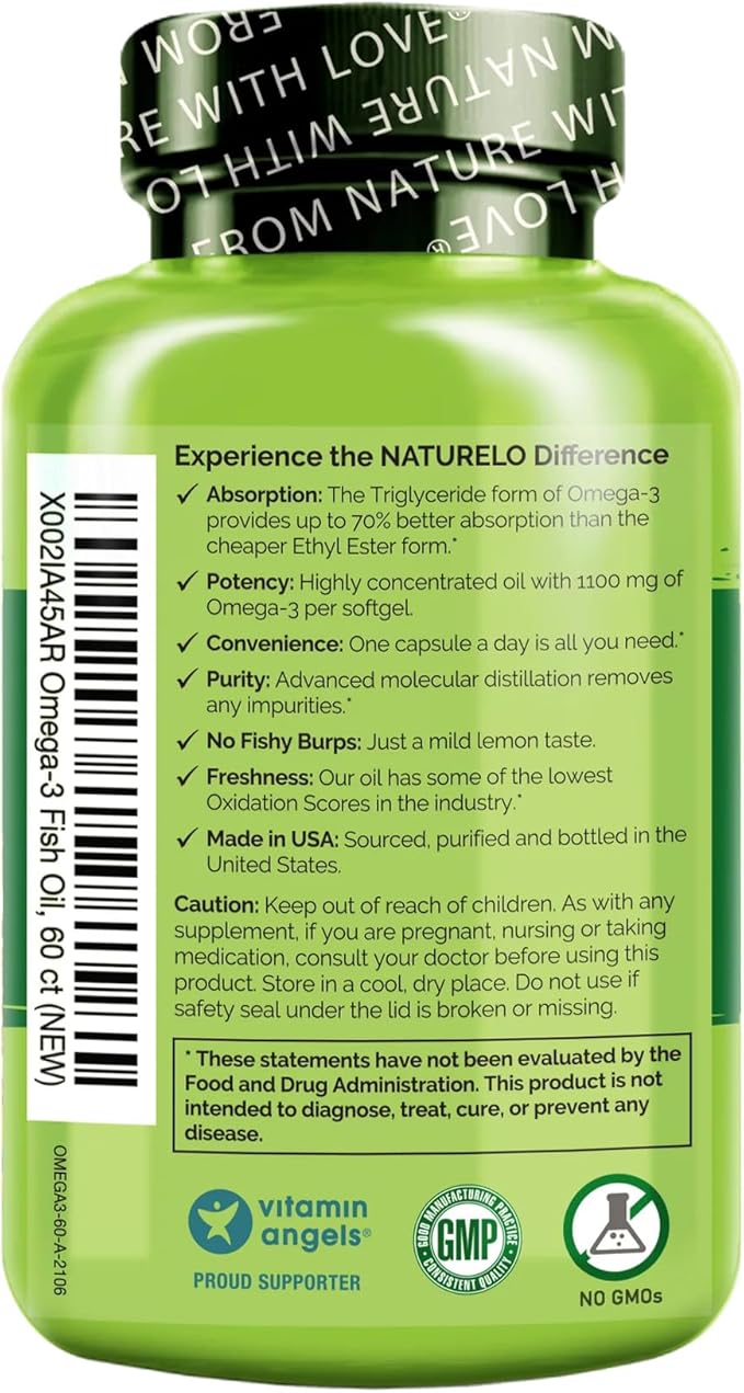 NATURELO Burpless Omega 3 Fish Oil Supplement - 1100mg Triglyceride Omega-3, EPA + DHA, Liquid Fish Oil Omega 3 for Heart, Eye, Brain, Joint Health - 60 Softgels, 2 Months Supply
