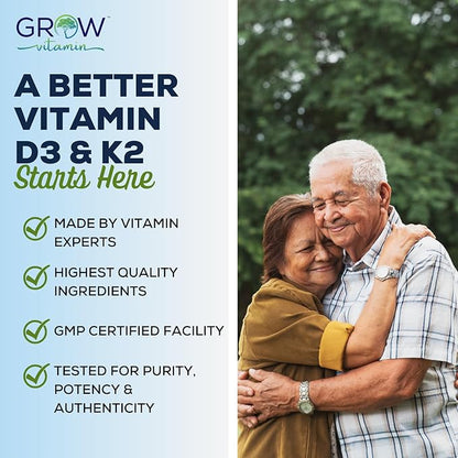grow vitamin D3 K2 w/MCT Oil - 10,000 IU D3, 100 mcg K2 MK7, Calcium, Zinc, BioPerine, Magnesium for Superior Absorption - 60 Capsules