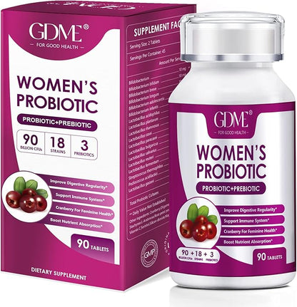 Women's Probiotics, 90 Tablets 90 Billion CFU 18 Strains, Contains Organic Prebiotic Cranberry,Probiotic Supplement for Digestion, Immunity, Women's Health, Soy Gluten Dairy Free