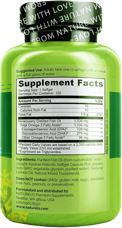 NATURELO Burpless Omega 3 Fish Oil Supplement - 1100mg Triglyceride Omega-3, EPA + DHA, Liquid Fish Oil Omega 3 for Heart, Eye, Brain, Joint Health - 120 Softgels, 4 Months Supply