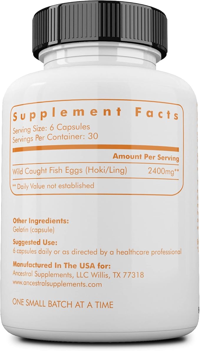 Ancestral Supplements Wild Caught Fish Eggs, 2400mg, Omega-3 Supplement Supports Brain, Heart, Fertility and Inflammatory Health, Whole Food Source of Vitamin D, K2, and A, Non-GMO, 180 Capsules