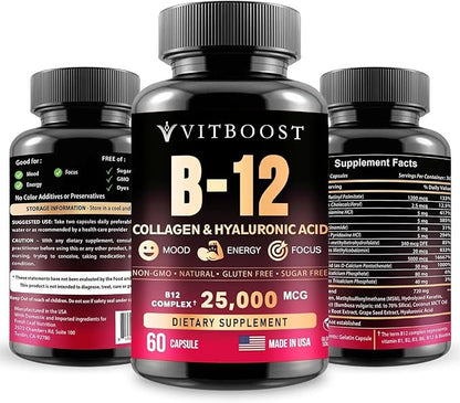 B12 with Hyaluronic Acid, Collagen and 25000 mcg B12 Methylcobalamin B1, B2, B2, B3, B3, B6, B6, B7 B7 Complex 60 Capsules
