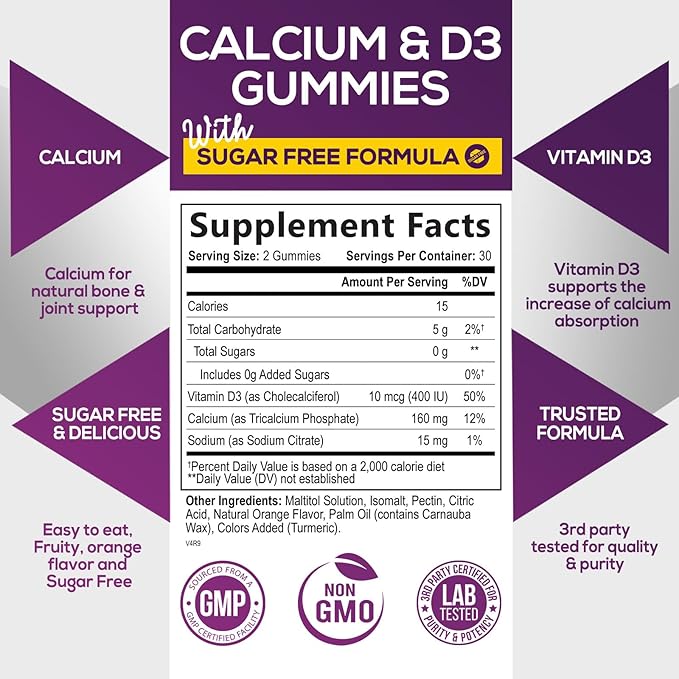 Sugar Free Calcium Gummy Bites Plus 400 IU D3, Bone 60 Gummies