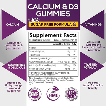Sugar Free Calcium Gummy Bites Plus 400 IU D3, Bone 60 Gummies
