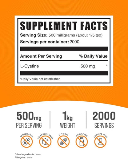BulkSupplements.com L-Cystine Powder 500mg, L-Cystine 500mg per 1kg (2.2 (2.2 lbs) 1)