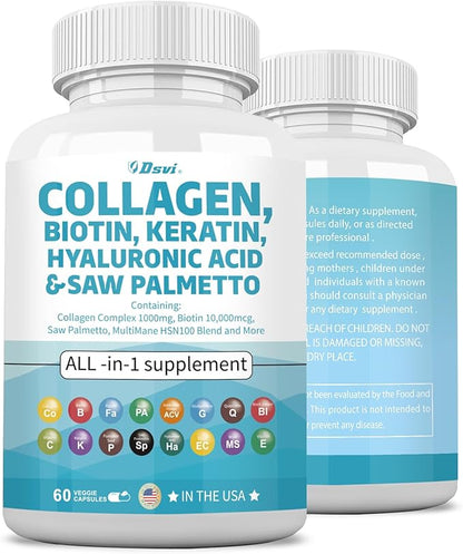 Collagen Pills 1000mg Biotin 10000mcg Keratin 2500mg Hyaluronic Women,60 Count