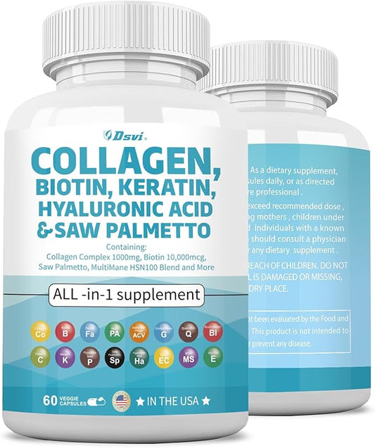 Collagen Pills 1000mg Biotin 10000mcg Keratin 2500mg Hyaluronic Women,60 Count