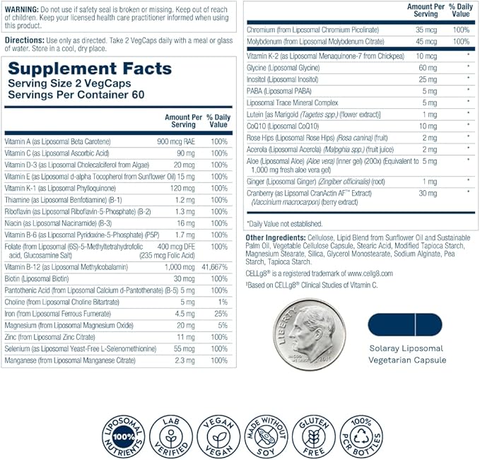 Solaray Liposomal Multivitamin for Women 50 B12, Biotin 60 Servings, 120 VegCaps
