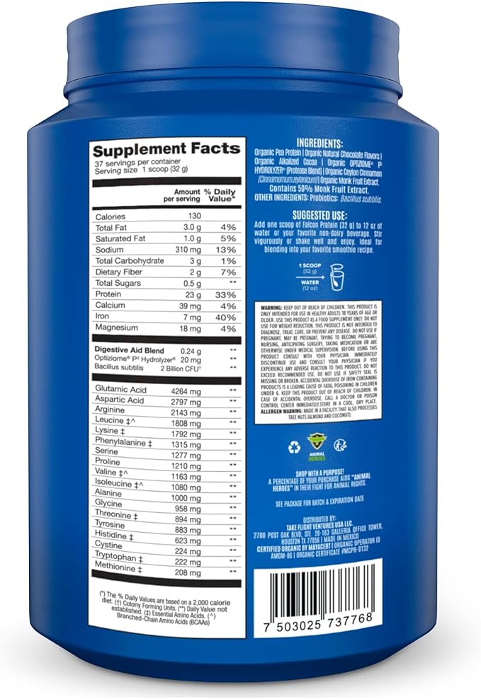 BIRDMAN Falcon Vegan Protein Powder Organic, Stevia & Sugar Free, Plant Based Protein, Low Carb, Dairy Free, Keto, Non Whey Protein, Probiotic, Pea Protein | Chocolate Flavor - 40 Servings - 2.64lb