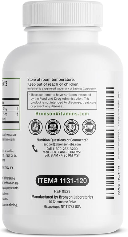 Bronson DIM Supplement 200 MG Diindolymethane with BioPerine for Enhanced Absorption, Estrogen Metabolism & Maintains Balanced Hormone Levels, 120 Vegetarian Capsules