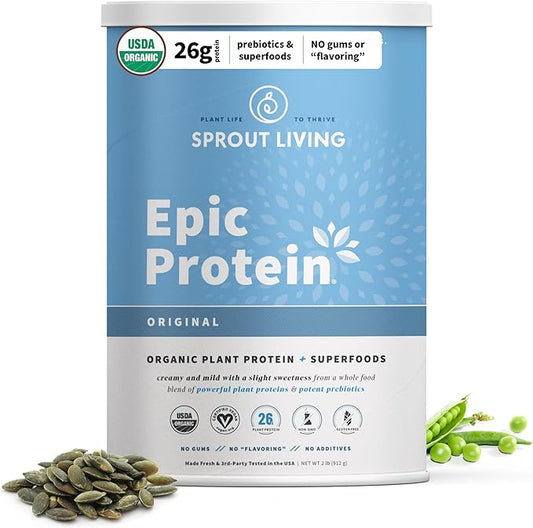 Sprout Living Plant Based Protein & Superfoods Powder, Original, Unflavored | Organic Protein Powder, Vegan, Non Dairy, Non-GMO, Gluten Free, Sugar Free, Perfect Keto Drink Mix (2 lb)