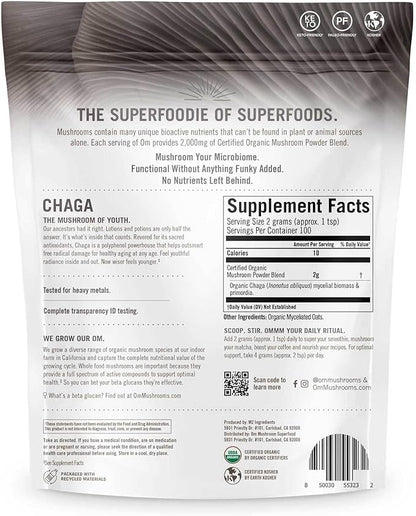 OM MUSHROOM SUPERFOOD Chaga Organic Mushroom Powder, 7.05 Ounce Pouch, 100 Servings, US Grown, Sacred Antioxidants & Immune Support, Superfood Mushroom Supplement
