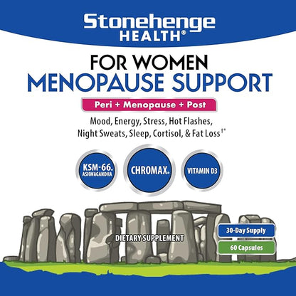 Stonehenge Health for Women Menopause Support for Peri + Menopause + Post - Mood, Energy, Stress, Hot Flashes, Night Sweats, Sleep & Cortisol, Chromax Chromium, Vitamin D3, KSM-66 Ashwagandha Extract