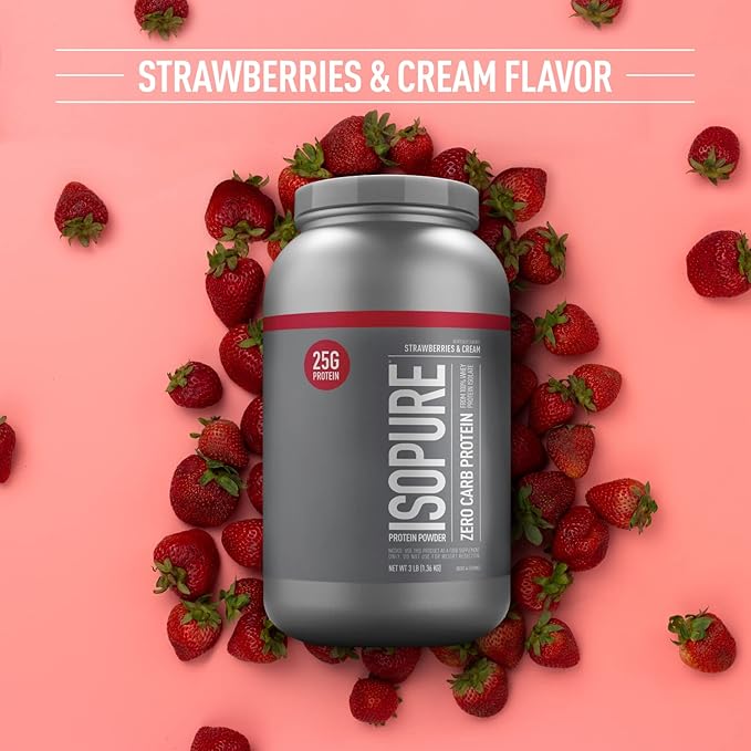Isopure Zero Carb 100% Pure Whey Isolate Protein Powder, Lactose Free, Gluten Free, With Vitamins, Strawberries & Cream, 25g Protein Per Serving, 3 Lbs, 44 Servings