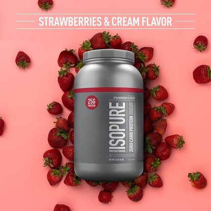 Isopure Zero Carb 100% Pure Whey Isolate Protein Powder, Lactose Free, Gluten Free, With Vitamins, Strawberries & Cream, 25g Protein Per Serving, 3 Lbs, 44 Servings