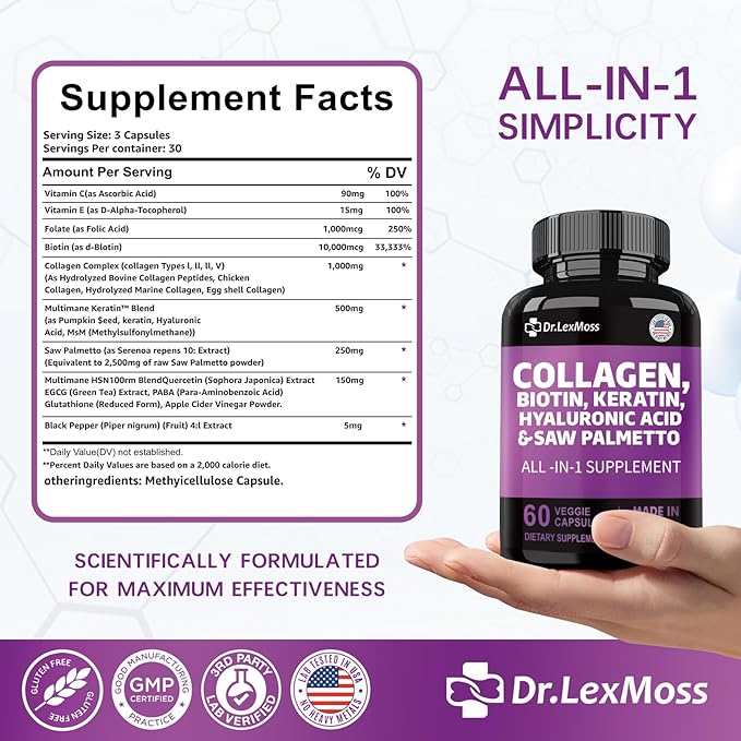 Collagen Pills 1000mg Biotin 10000mcg Keratin 2500mg Hyaluronic 60 Capsules
