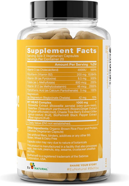 My Head! Headache Vitamins – Sensitivity, Tension, Comfort, Healthy Head Function for A Clear Mind – Fast acting Magnesium, Feverfew, Boswellia, Vitamin D, Ginger, & More – 60 Soft Capsules