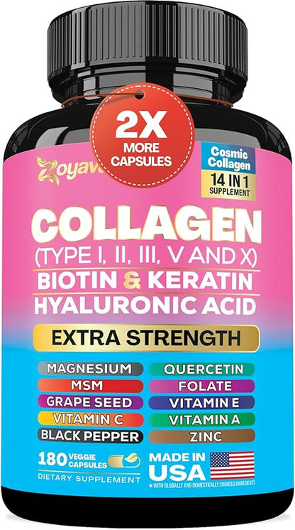 Zoyava Collagen Pills Peptides Types I, (180 Caps)