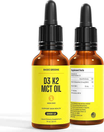 D3+K2 with MCT Oil - High Absorption Liquid Dietary Supplement, Drops for Bone, Heart & Immune Support, Non-GMO, Vegan-Friendly, 1 fl oz