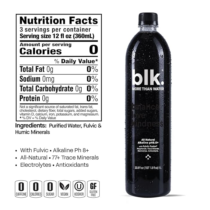 blk. PH 8+ Natural Mineral Alkaline Water Electrolyte Infused with Fulvic and Amino Acids, Zero Sugar, 1 Liter, 12 Pack