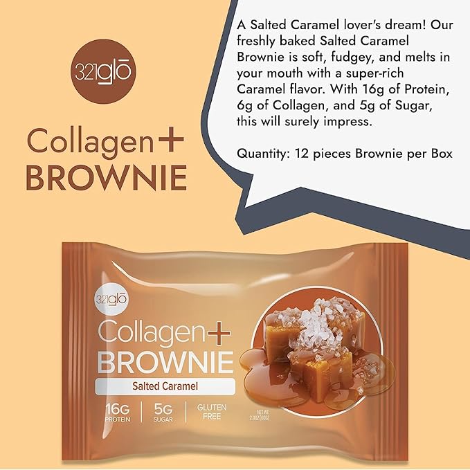 321glo Collagen Protein Brownie | Gluten Free, Low Sugar | Keto Snack for Women, Men, & Kids | 16g Protein, 6g Collagen | 12 Pack (Salted Caramel)