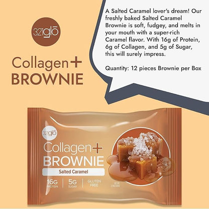 321glo Collagen Protein Brownie | Gluten Free, Low Sugar | Keto Snack for Women, Men, & Kids | 16g Protein, 6g Collagen | 12 Pack (Salted Caramel)