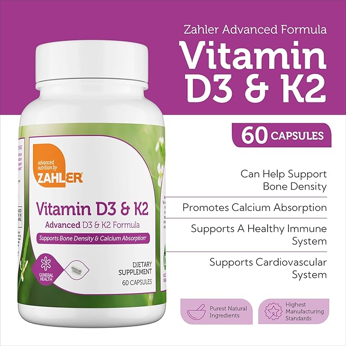 Zahler Vitamin D3 5000 IU K2 - Advanced Vitamin D3 K2 Formula - Bone Density & Calcium Absorption - Kosher Vegetarian MK7 Vitamin K2 D3 Vitamin Supplement - VIT D3 K2, Vitamin D K2 (60 Capsules)