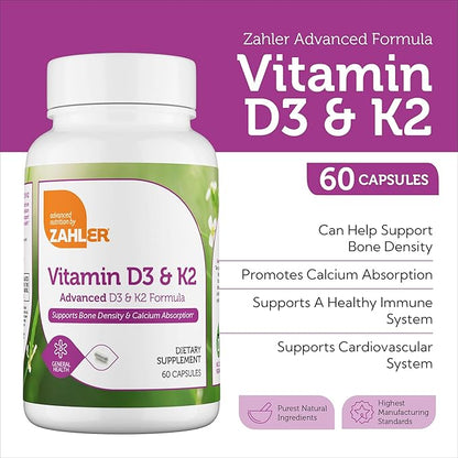 Zahler Vitamin D3 5000 IU K2 - Advanced Vitamin D3 K2 Formula - Bone Density & Calcium Absorption - Kosher Vegetarian MK7 Vitamin K2 D3 Vitamin Supplement - VIT D3 K2, Vitamin D K2 (60 Capsules)