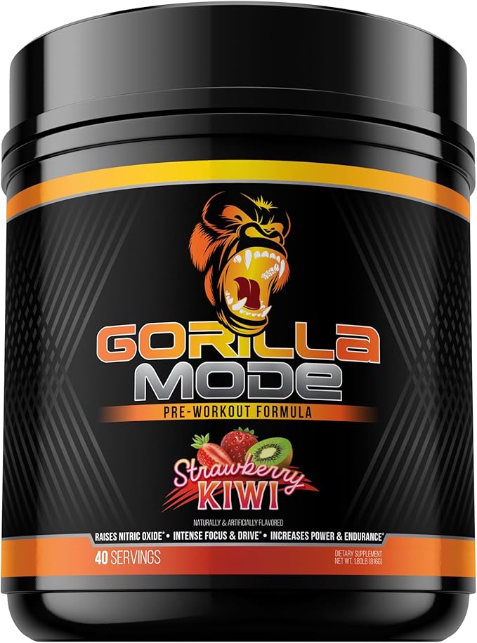 Gorilla Mode Pre Workout - Massive Pumps · Laser Focus · Energy · Power - L-Citrulline, Creatine, L-Tyrosine, Betaine, Hydroprime®, Alpha-GPC, 400mg Caffeine, Huperzine A – 816g (Strawberry Kiwi)