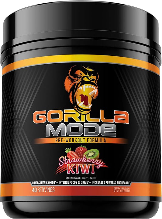 Gorilla Mode Pre Workout - Massive Pumps · Laser Focus · Energy · Power - L-Citrulline, Creatine, L-Tyrosine, Betaine, Hydroprime®, Alpha-GPC, 400mg Caffeine, Huperzine A – 816g (Strawberry Kiwi)