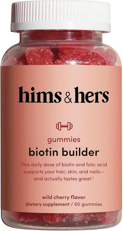 HIMS & HERS biotin Builder Gummy with Vitamins B12, B6 and D, Gluten Free, no Artificial sweeteners or Flavors, Wild Cherry, 60 Count