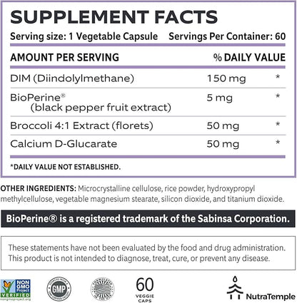Dim Supplement [Enhanced Absorption with Bioperine, Brocolli, Calcium] Diindolylmethane Hormonal Balance for Women & Men, Estrogen Metabolism, Menopause Support & Stress Relief Pills