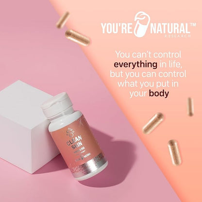 YOU'RE NATURAL Clean Skin Supplement | Acne Support | Skin Support Vitamins for Women, Men & Teens, Vitamin A, Zinc, DHA, Vitamin B3, Vitamin C, Vitamin E - Gluten Free - Made in USA - 60 Capsules