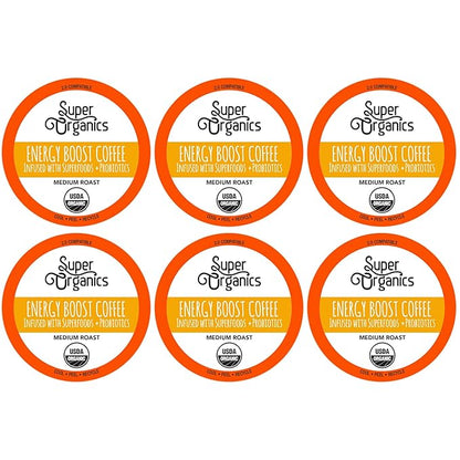 Super Organics Energy Boost Coffee Brew Cups with Superfoods & Probiotics Keurig K-Cup Compatible Energizing, Stamina Medium Roast, USDA Certified Organic, Vegan, Non-GMO, 60ct