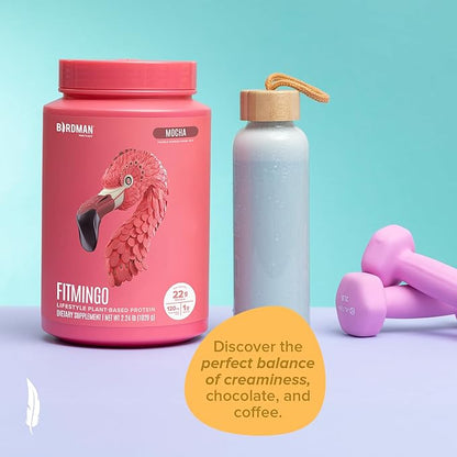 BIRDMAN Fitmingo Vegan Protein Powder with Inositol, Collagen Boosters, Hyaluronic Acid and Vitamins | Low Carb, Dairy Free, Low Calorie | 22g Plant Based Mocha Protein Powder with Myo-Inositol