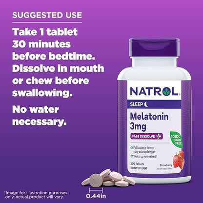 Natrol Melatonin 3mg, Strawberry-Flavored Dietary Supplement 200 Fast-Dissolve 200 Day
