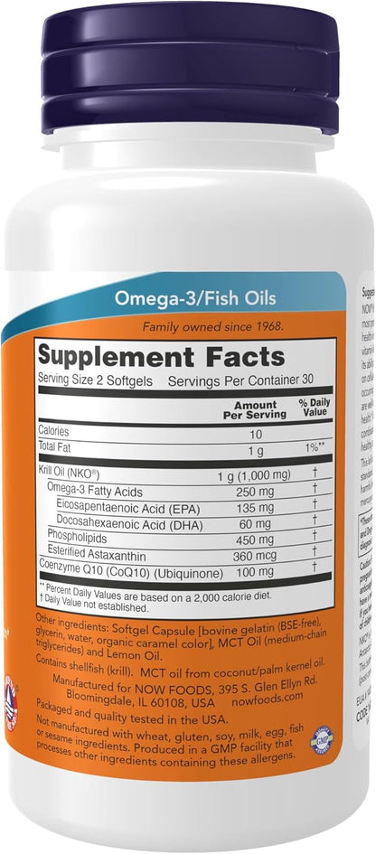 NOW Supplements, Krill & CoQ10, Phospholipid-Bound Omega-3, Heart 60 Softgels