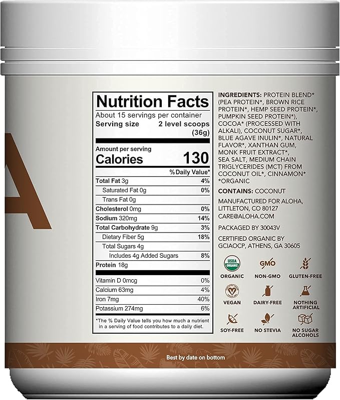 ALOHA Organic Plant Based Protein Powder, 19.6 oz, 15 Servings