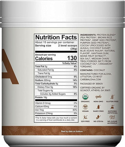 ALOHA Organic Plant Based Protein Powder, 19.6 oz, 15 Servings