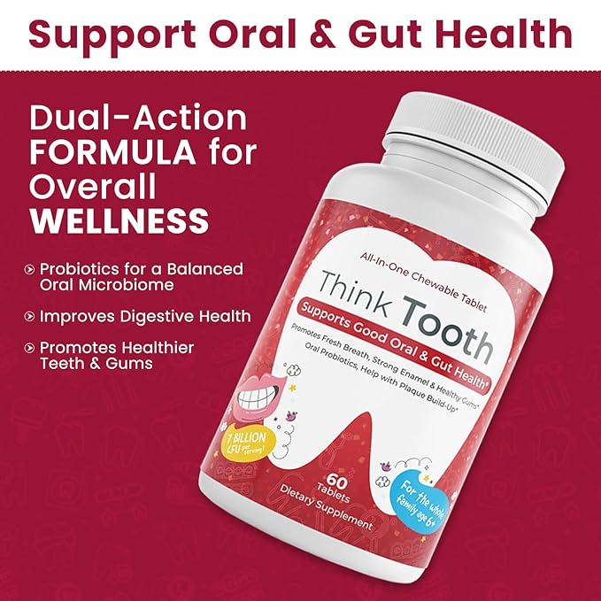 Think Tooth Chewable Tablets Supports Oral & Gut Health - Dental Probiotic Supplement for Fresh Breath & Healthy Gums - Advanced Oral Health Probiotics for Nightly Oral Care Routine - 60 Tablets