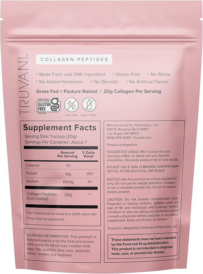 Truvani Hydrolyzed Collagen Peptides 7 Servings 20g Grass-Fed