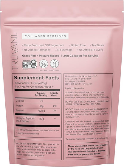 Truvani Hydrolyzed Collagen Peptides 7 Servings 20g Grass-Fed
